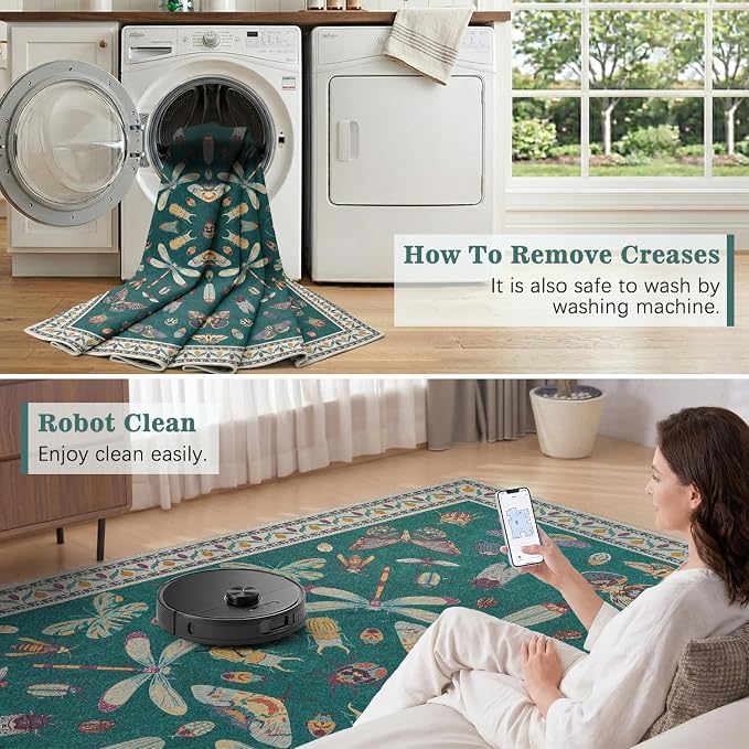 DCX 6x9 Washable Insect Rug, Vintage Gothic Deep Teal Rug with Non-Slip Rubber Backing, Soft Low-Pile, Stain-Resistant, Kid & Pet Friendly, for Living Room, Bedroom, Office, and Nature-Themed Decor