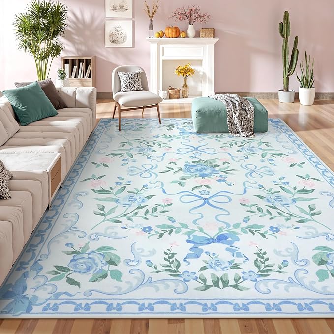 Collive 6x9 Blue Area Rug, Boho Bow and Floral Rugs for Living Room Machine Washable, Soft Ultra-Thin Bow Carpet Non Slip for Girls Room Bedroom Entryway Playroom