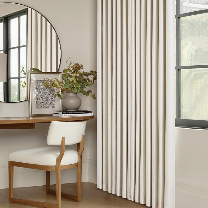 Cream Beige Linen Black Out 96 Inch Curtains for Bedroom Windows 2 Panels | Pinch Pleated Back Tab, Flax Linen 2 Layers for Full Blackout, Light Blocking Thermal Insulated, for Bedroom Living Room