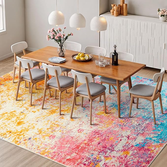 Rugflix 9x12 Area Rugs for Living Room, Washable Colorful Rainbow Rug Stain-Resistant Low Pile, Large Carpet Non-Slip for Kids Girls Room Nursery Bedroom Home Office