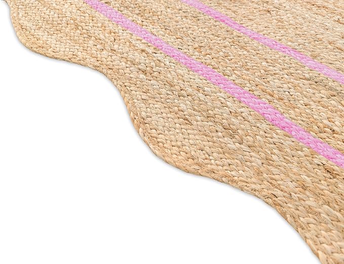 Wave Scalloped Natural Jute Rug - Boho Entryway Runner, Farmhouse Scallop, Light Pink (4'x6')