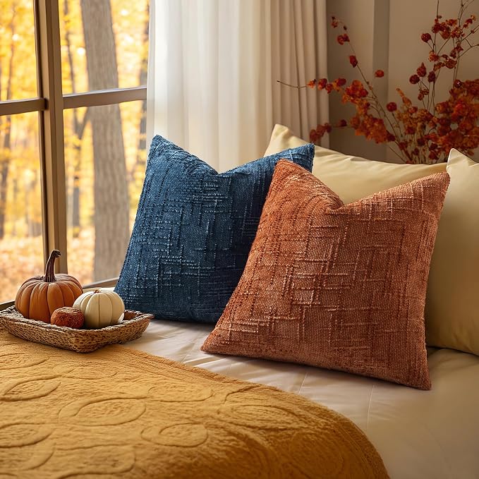decorUhome Textured Chenille Throw Pillow Covers 12x20 Set of 2 Rust | Fall Modern Farmhouse Soft Cozy Slubby Couch Pillow Cases Boho Decorative Pillow Cases for Bed Sofa Living Room Home Decor