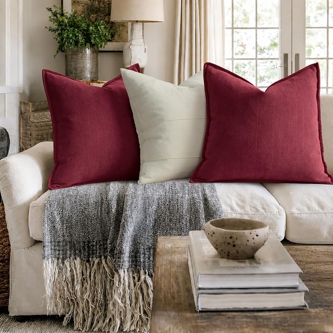ZWJD Burgundy Pillow Covers 26x26 Set of 2 Chenille Throw Pillow Covers with Elegant Design Soft and Luxurious Decorative Throw Pillows for Couch, Bed, and Home Decor