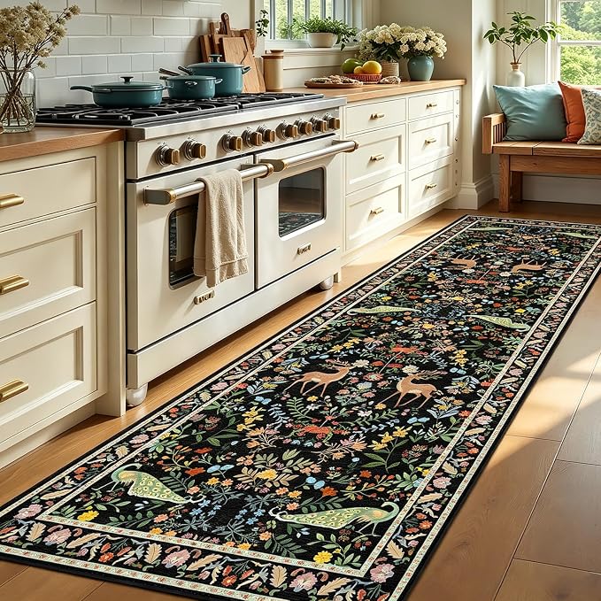 Black Floral 2'6"x8' Washable Non Slip Runner Rugs for Hallways, Non Skid Stain Resistant Rug Runners for Kitchen, Entryway, Mudroom - Dark Floral Cottagecore Home Decor