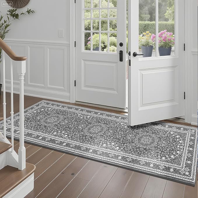 Lessymo 2 x 6 Runner Rug, Machine Washable Area Rugs Boho Faux Wool Low Pile Area Rug for Bedroom, Floral Medallion Vintage Rugs with Non-Slip Rubber,Grey White
