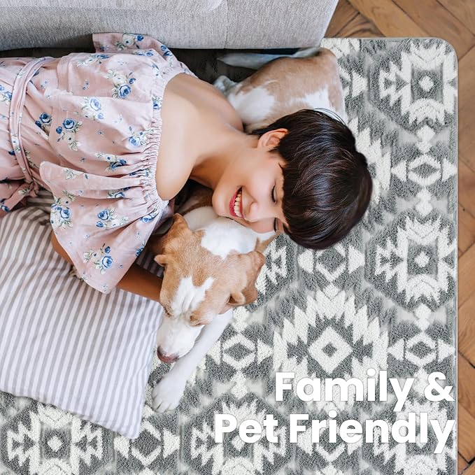 Macgace Soft Area Rug for Girls Bedroom, 4x6 Grey and White Shag Rugs | Washable Non-Slip Backing Medium Pile Modren Geometric Fuzzy Carpet for Kids Room, Classroom, Living Room, Dorm