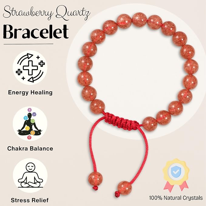 Amazing Gemstone Strawberry Quartz Bracelet for Women Men's Gifts - Protection Healing Crystal Bracelet - 8mm Gemstone Beaded Adjustable Bracelet
