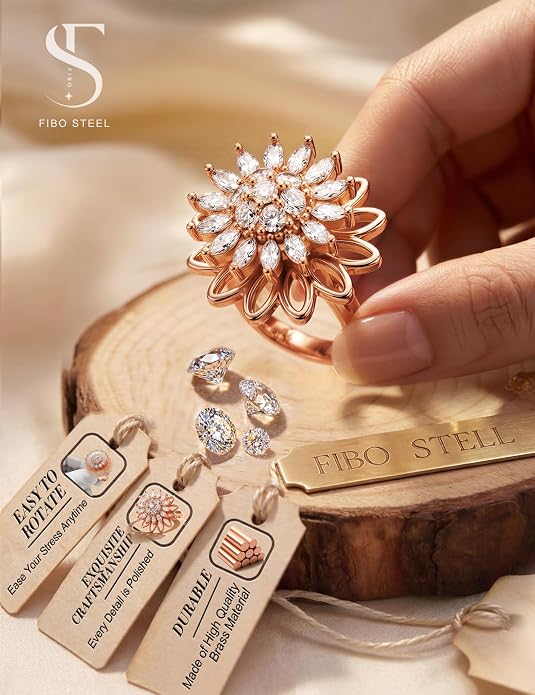 FIBO STEEL Fidget Anxiety Rings for Women - 8Pcs 14K Gold Plated Spinner Adjustable Rings Stress Relief Open Ring Stacks CZ Sun flower Butterfly Bead Evil Eye Non Tarnish Ring Set