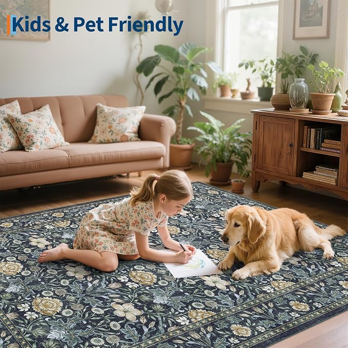 GarveeHome Washable Area Rug 6x9, Soft Vintage Floral Bedroom Rug Non Slip Low Pile Carpet Stain Resistant Throw Rug for Bedside Kids Room Office Dining Room