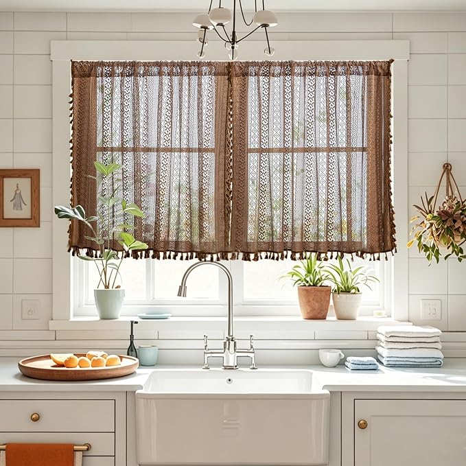 Sutuo Home Boho Valance Short Curtains 2 Panels for Kitchen Cafe, Lace Sheer Curtains Closet Crochet Privacy Farmhouse Vintage Chic Tassels Caramel Macrame Decor Rod Pocket,50" W x 36" L Dark Coffee