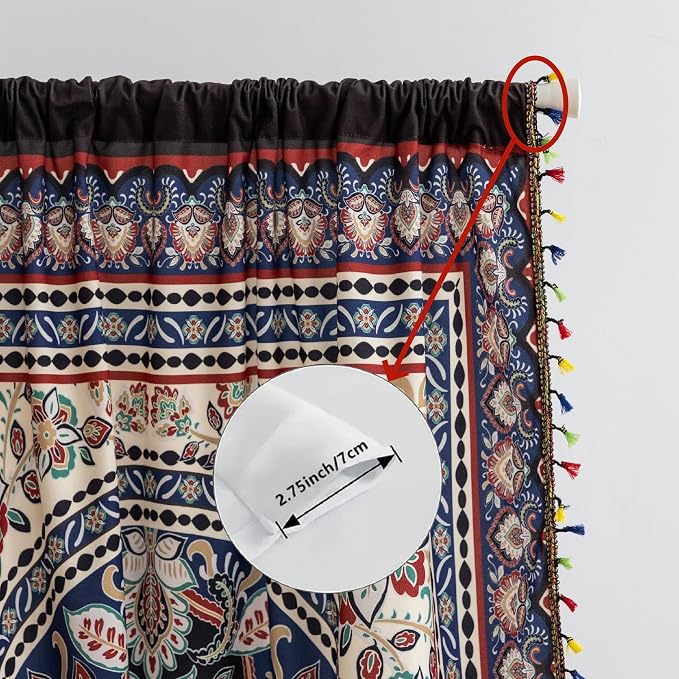 Multicolor Medallion Curtains 54 Inches Long, Boho Farmhouse Light Filtering Rod Pocket Drapes with Tassel Trim for Bedroom Living Room, 2 Panels