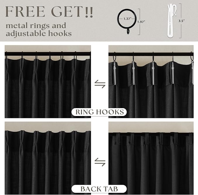 Linen Curtains 108 Inches Long 2 Panels Set for Living Room Farmhouse Boho Linen Textured Pinch Pleated Memory Shape Light Filtering Ceiling Semi Sheer 108 Inch Window Curtain with Hook Rings Black