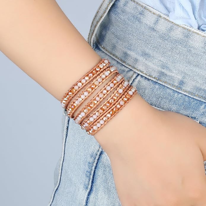 KELITCH Pearl Crystal Beads Bracelets Handmade Natural Leather 5 Wrap Bracelet for Women Classic Bangle Jewelry