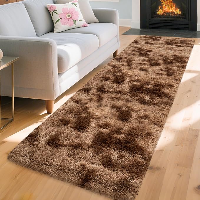 2x8 ft Plush Brown Tie Dye Rug Runner High Pile Fluffy Soft Bedside Rug Fuzzy shag Carpet for Bedroom Living Room Hallway Nursery Kids Home Decor Furry Carpet
