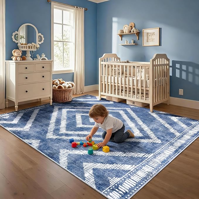 Boho Washable Rugs 5x7ft for Living Room, Low Pile Blue Bedroom Area Rug Non Slip, Moroccan Soft Kids Nursery Area Carpets for Dining Room Playroom Kitchen Home Office Decor