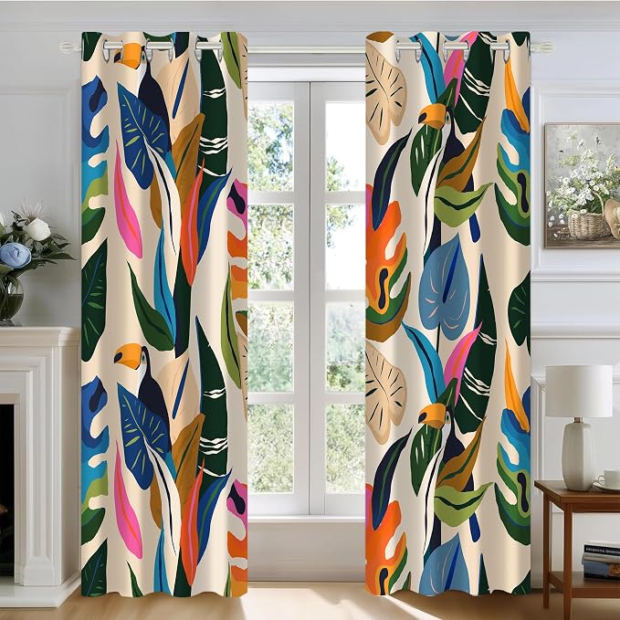 Colorful Tropical Abstract Blackout Window Curtains, Boho Floral Plant Jungle Palm Leaf Toucan Birds Art Decor for Bedroom, Living Room, Art Gallery Grommet Window Drapes 2 Panel Set, 52"x84"
