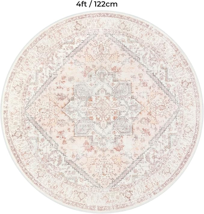 LIVEBOX Pink Vintage Round Rug 4ft Washable Floral Rug | Machine washable floral circle rug with non-slip backing for living room, bedroom, nursery and office, Girl's Room