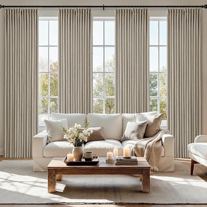 MIULEE Pinch Pleated Thick Linen Curtains 102 Inch 4 Panels Set Back Tab Memory Trained Pinch Pleat Semi Sheer Light Filtering Privacy Let Light in Window Drape for Living Room Bedroom Grey Beige
