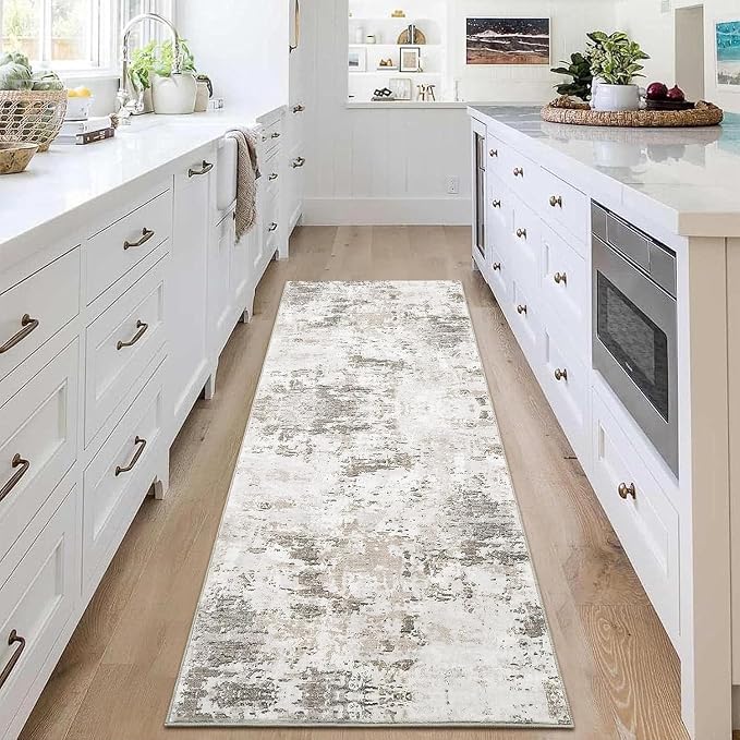ROYHOM Modern Abstract 2x8 Runner Rug Non Slip Non Shedding Low Pile Stain Resistant Rug for Hallway Kitchen Bedroom, Taupe/Beige