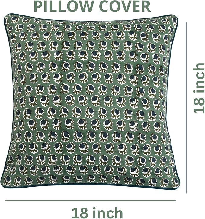 Ridhi Block Print Basil Green Pillow Cover 18" x 18" (Pack of 2) Decorative Couch Pillows for Living Room, Chic Boho Cute Outdoor Pillows Covers Gifts for Spring, Easter and Valentine