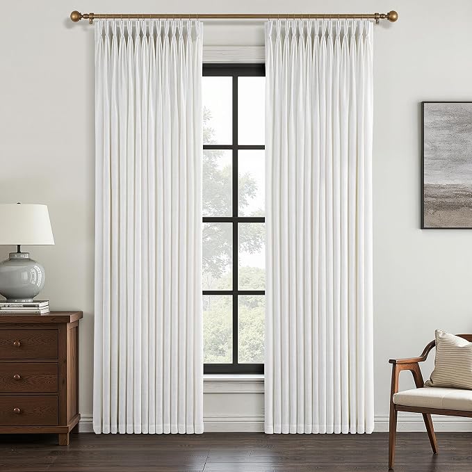 Pinch Pleated Linen Curtains 96 Inches Long 2 Panels Cream Ivory Light Filtering Semi Sheer Neutral Drapes for Living Room Sliding Door 96 Inch Length Viral Privacy Window Curtains Linen Pinch Pleat