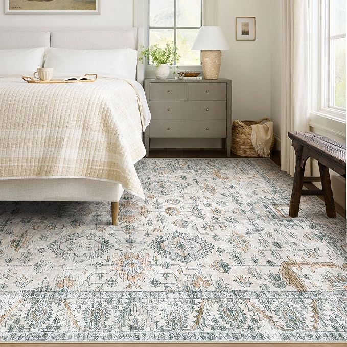 XLUEZ Area Rug 5x7 Living Room Rug, Machine Washable Vintage Distressed Boho Area Rug Non-Slip Soft Low Pile Large Indoor Rugs for Bedroom Kitchen Dining Room Office(Brown Green,5'x7')