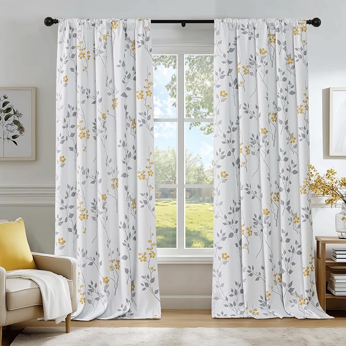 Beauoop Floral 100% Blackout Curtains Bedroom Yellow Grey 52X72 2 Panels | Flower Patterned Yellow White Room Darkening Drapes for Living Room Thermal Soundproof Window treatment Rod Pocket