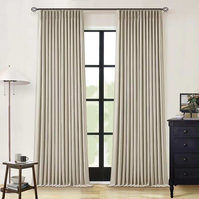 Burlywood Birch Pinch Pleated Full Blackout Curtains Linen Blend Room Darkening Window Curtains 86 Inch for Living Room Bedroom Thermal Insulated Back Tab Pinch Pleat Drapes with Hooks Rings 2 Panels