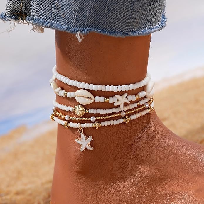 Boho Shell Ankle Bracelet Set for Women, 5 Pairs 14K Boho Bead Handmade Adjustable Anklet, Hawaiian Beach Seashell Starfish Foot Jewelry Gifts