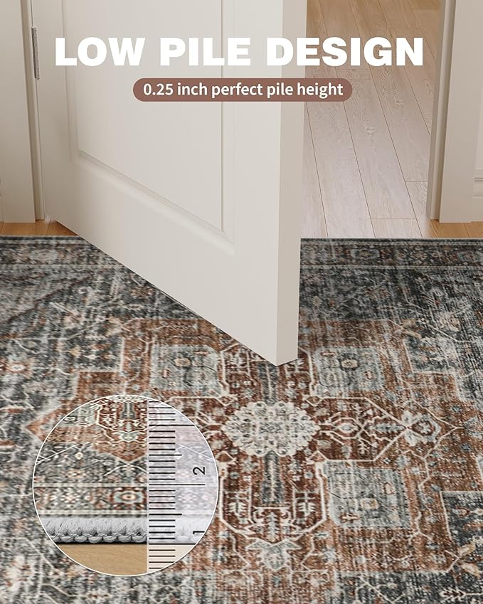 Roxstand Washable 2.6x10 Hallway Runner Rug, Grey/Brown/Tan | Low-Pile Carpet, Non-slip Backing,10ft Runner, Stain Resistant, Runner for Kitchen, Laundry Room, Entryway, Vintage Design