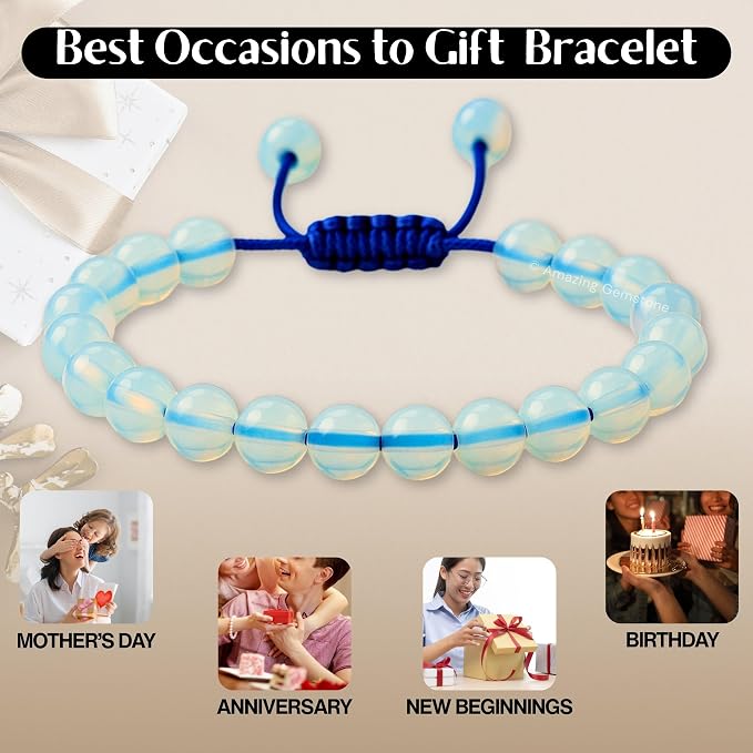 Amazing Gemstone Opalite Bracelet for Women Men's Gifts - Protection Healing Crystal Bracelet - 8mm Gemstones Beaded Adjustable Bracelet Pulseras para Hombres Mujer Stocking Stuffers