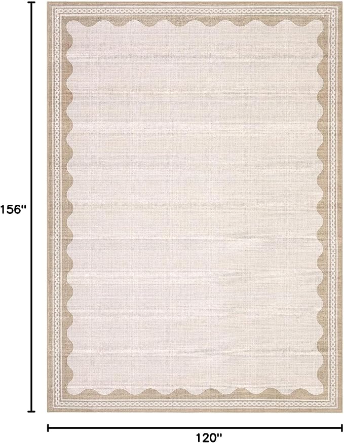 GarveeHome Scalloped Beige Washable Rugs 10x13 Rug for Living Room Non-Slip Solid Modern Minimalism 10 x 13 Rug Low-Pile Carpet for Bedroom Dining Nursery Mat with Rubber Back