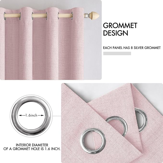 MIULEE Linen Texture Curtains for Bedroom Solid 100% Blackout Thermal Insulated Pink Curtains Grommet Room Darkening Drapes for Living Room 52x54 Inch (2 Panels)