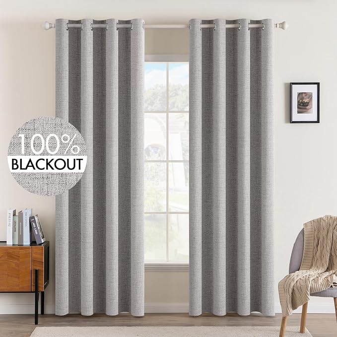 MIULEE Linen Texture 90 Inches Curtains for Bedroom 100% Blackout Thermal Insulated Light Gray Curtains Grommet Room Darkening Drapes for Living Room 52x90 Inch (2 Panels)