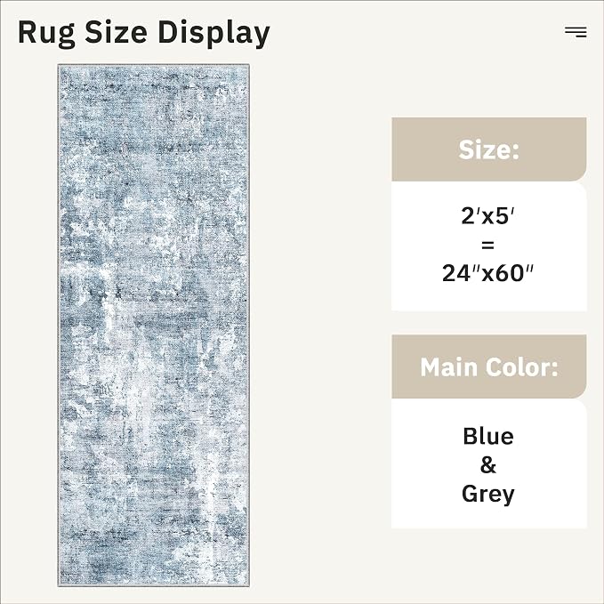 Soalmost Runner Rug 2x5 Washable Non-Slip Kitchen Runner Rugs for Bathroom Laundry Room Blue/Grey Vintage Floor Carpet Runners for Hallway Entryway