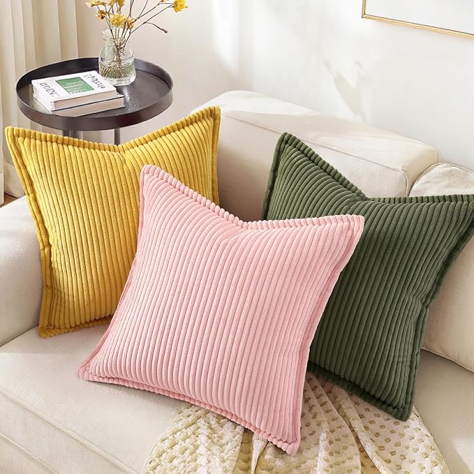 decorUhome Fall Corduroy Olive Green Throw Pillow Covers 26x26 Set of 2 | Euro Sham Couch Decorative Soft Modern Boho Farmhouse Pillow Covers Broadside Striped Pillow Cases for Living Room Bed Sofa