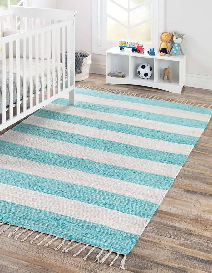 Unique Loom Chindi Rag Collection Area Rug - Striped (10' x 14' 1" Rectangle, Turquoise and Ivory)