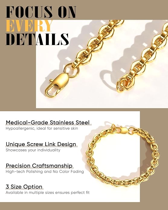 VNOX Link Chain Bracelets for Men - Cool Mens Bracelets Diamond-Cut Paperclip Solid Chain Bracelet Chunky Stainless Steel Jewelry Trendy Gifts
