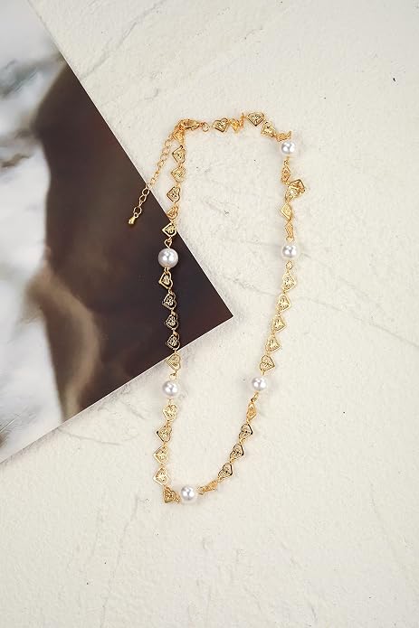 Pearl Necklace Love Heart Choker Link 18k Gold Infinite Elegant Forever Short Satellite Tiny Chain Dainty Cute Statement Valentine's Day Gift Handmade Vintage Jewelry for Women