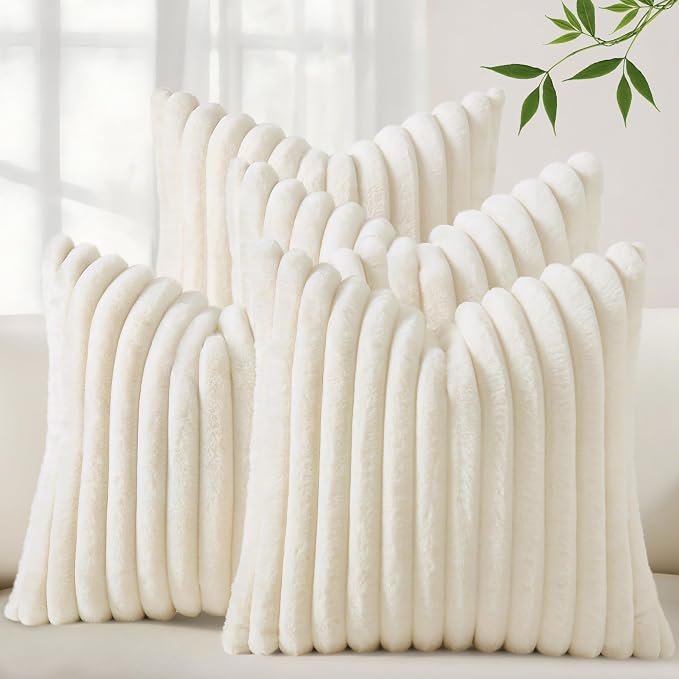 decorUhome Fall Faux Fur Throw Pillow Covers 18x18 Set of 4 Cream White | Decorative Modern Farmhouse Soft Cozy Striped Pillow Cases Velvet Back for Sofa Bed Living Room Classic Accent Home Decor
