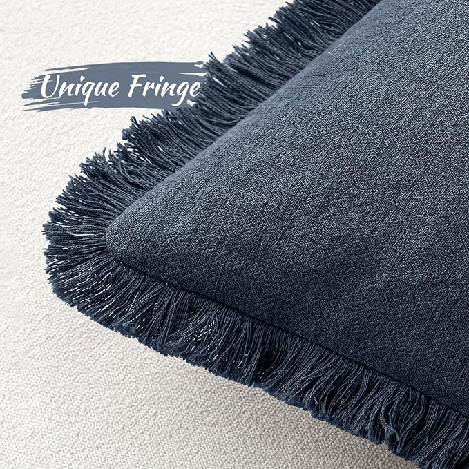 MIULEE Decorative Throw Pillow Covers Neutral Linen Fringe Throw Pillows Set of 2 Indigo Blue Boho Farmhouse Cushion Covers Coastal Decor for Couch Sofa Bed Living Room Spring Decor 12x20 Inch
