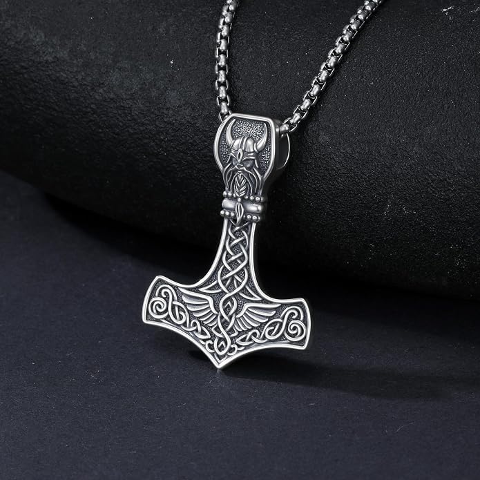 PROESS Thors Hammer Necklace Sterling Silver Celtic Knot Wolf/Lion/Raven Necklace Viking Mjolnir Pendant Jewelry for Men