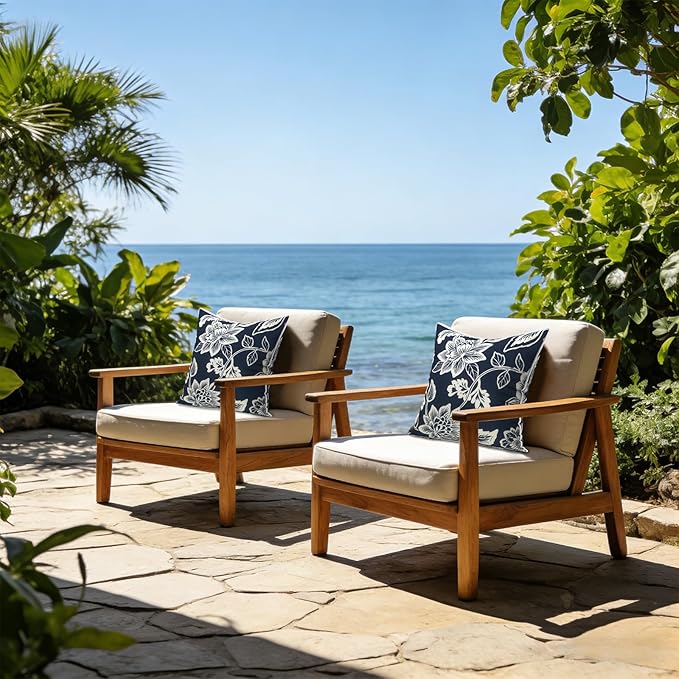 LVTXIII Outdoor Throw Pillows 18x18 Patio Waterproof Square Pillows with Piping Fade Resistant Accent Pillow for Spring Summer Garden Decoration, Set of 2, Elegant Vines Navy