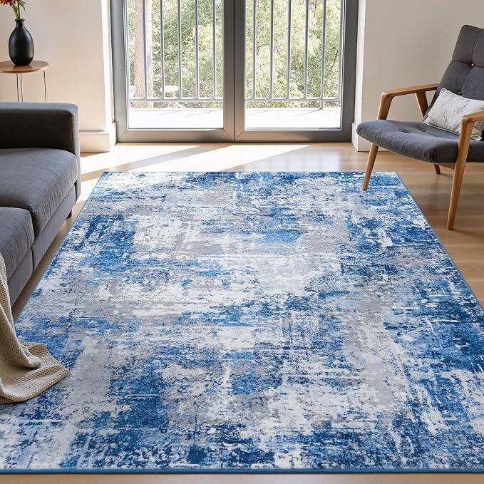 Rugflix 5x7 Area Rugs for Living Room, Washable Large Rug Stain-Resistant Low Pile, Modern Dark Carpet for Dining Room Home Office Kid Room Nursery Bedroom, Blue Grey