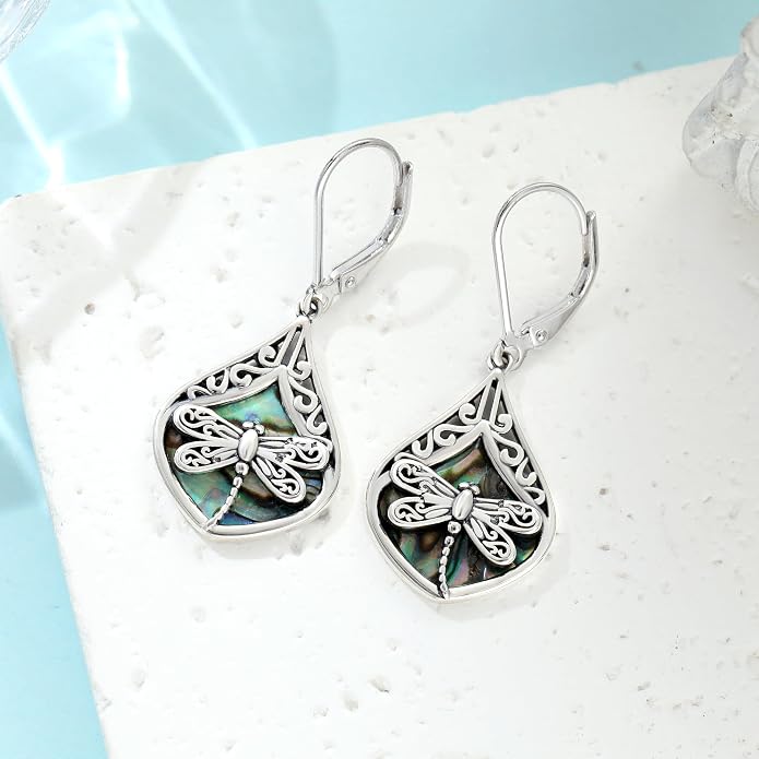 Sterling Silver Abalone Shell Filigree Dangle Drop Earrings Bohemia Jewelry Gift for Women Mother Mom