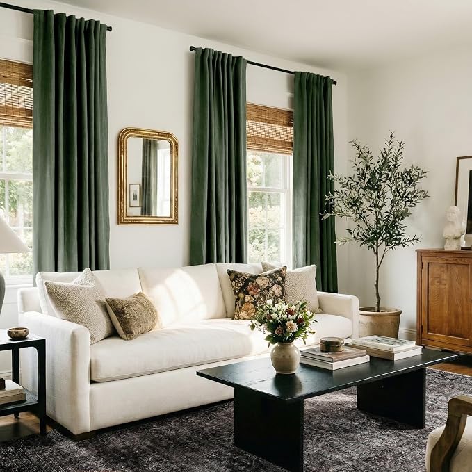 100% Blackout Shield Green Linen Blackout Curtains for Bedroom 84 Inches Long, Back Tab/Rod Pocket Living Room Drapes, Thermal Insulated Blackout Curtains 2 Panels Set, 50" W x 84" L,Loden