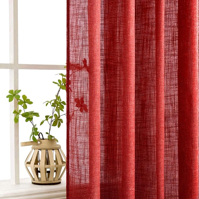 MIULEE Red Linen Curtains 108 Inches Long for Bedroom Living Room, Soft Thick Linen Textured Window Drapes Semi Sheer Light Filtering Back Tab Rod Pocket Burlap Look Christmas Decor, 2 Panels