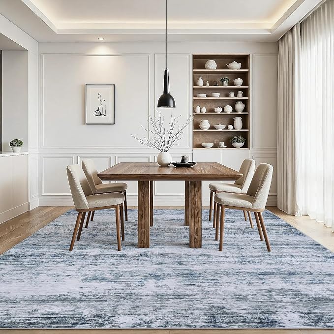 9x12 Area Rugs Living Room Rug Modern Abstract Neutral Washable Rugs Non Slip Soft Carpet Large Area Rug Low Pile Stain Resistant Non Shedding for Bedroom Nursery Dining Room Home Office Gray Blue