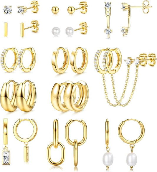 BESTEEL 13 Pairs Small Stud Hoop Earrings Set for Women Hypoallergenic Gold Plated Huggie Hoops Pearl Dainty Lightweight Earrings for Gift