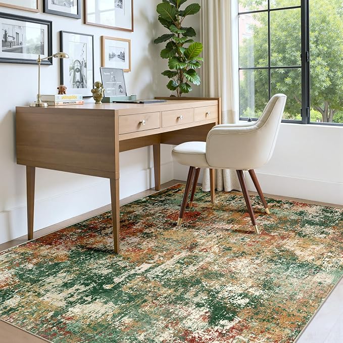 RELEANY Washable Area Rugs 7'x9' Non-Slip Modern Abstract Soft for Living Room Entryway Bedroom Kitchen, Print Pattern, Green Orange Rust Red Cream Colorful